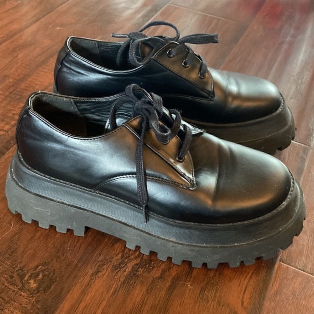 Zara Monolith Inspired Chunky Platform Lace-up Loafers in Black Size 39‎